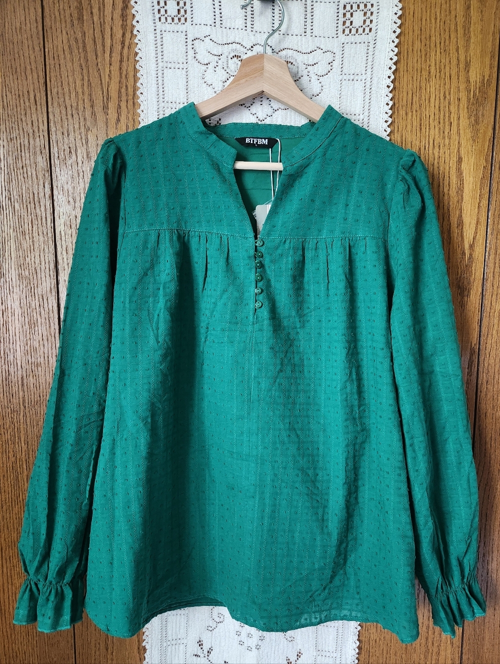 BTFBM Green Button-Front Swiss Dot Long-Sleeve Blouse